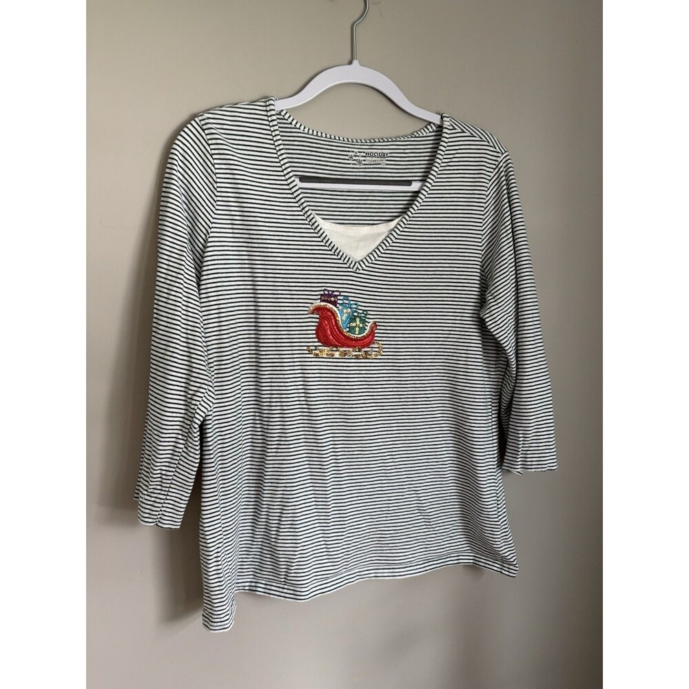 Vintage Holiday Green Stripe Layered Shirt Large Sequin Sleigh Christmas Festive